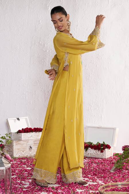 Shop_Amrta By Guneet Kondal_Yellow Silk, Chanderi, Viscose, Shantoon Embroidery Adda Work Kurta And Pant Set _Online_at_Aza_Fashions