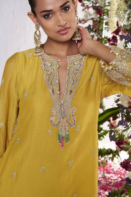 Amrta By Guneet Kondal_Yellow Silk, Chanderi, Viscose, Shantoon Embroidery Adda Work Kurta And Pant Set _at_Aza_Fashions