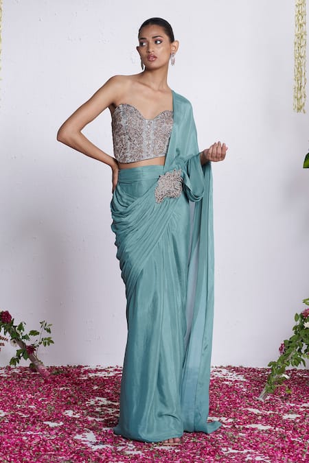 Buy_Amrta By Guneet Kondal_Blue Chinon, Shantoon, Viscose Mirrors Sweetheart Pre-draped Saree With Corset _Online_at_Aza_Fashions