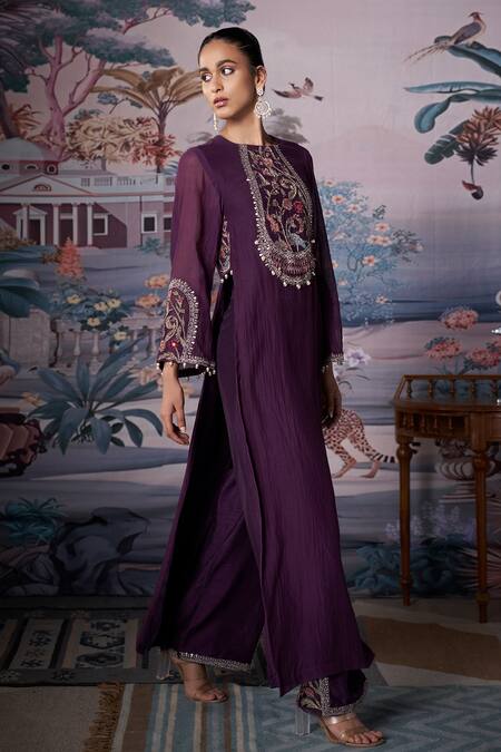 Amrta By Guneet Kondal_Purple Silk, Chanderi, Viscose Embroidery, Beads Round Neck Kurta Set _Online_at_Aza_Fashions
