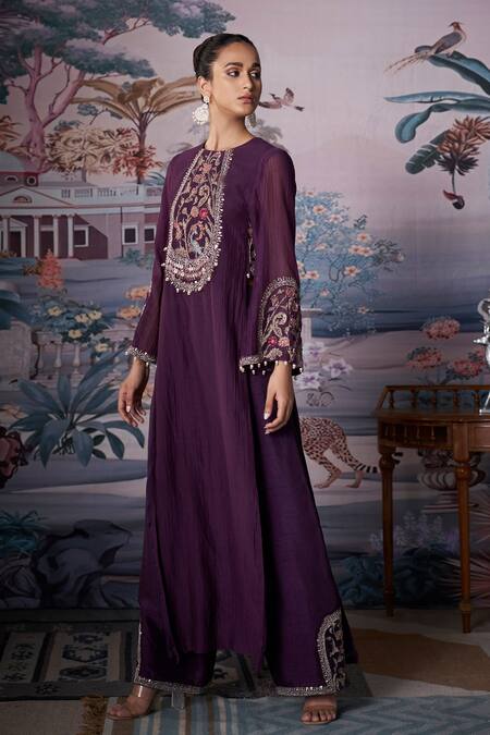 Buy_Amrta By Guneet Kondal_Purple Silk, Chanderi, Viscose Embroidery, Beads Round Neck Kurta Set _Online_at_Aza_Fashions