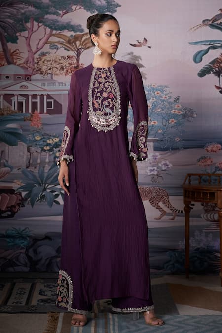 Amrta By Guneet Kondal Purple Silk, Chanderi, Viscose Embroidery, Beads Round Neck Kurta Set 