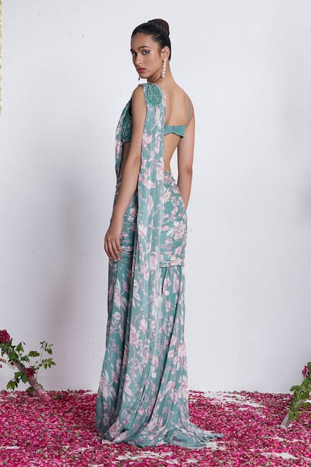 Amrta By Guneet Kondal Blue Digital Print Pre-Draped Saree Set 