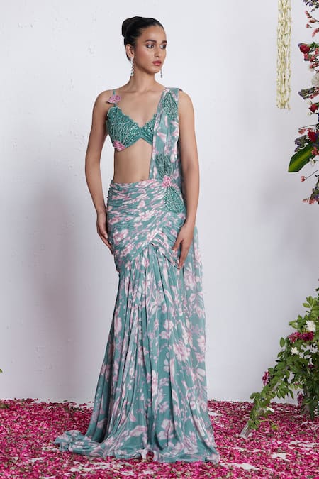 Amrta By Guneet Kondal Blue Chinon, Shantoon, Viscose Embroidery, Digital Print Pre-draped Saree Set 