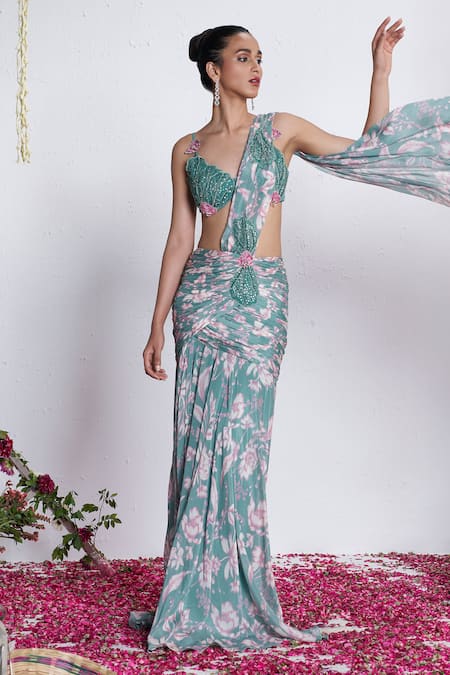 Amrta By Guneet Kondal_Blue Chinon, Shantoon, Viscose Embroidery, Digital Print Pre-draped Saree Set _Online_at_Aza_Fashions