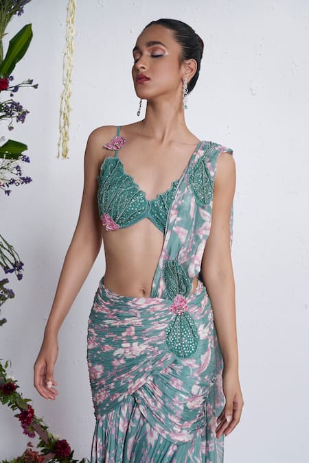 Buy_Amrta By Guneet Kondal_Blue Chinon, Shantoon, Viscose Embroidery, Digital Print Pre-draped Saree Set _Online_at_Aza_Fashions