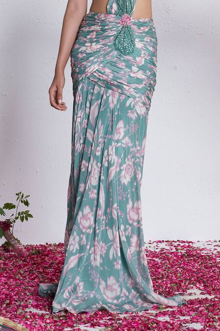 Shop_Amrta By Guneet Kondal_Blue Chinon, Shantoon, Viscose Embroidery, Digital Print Pre-draped Saree Set _Online_at_Aza_Fashions