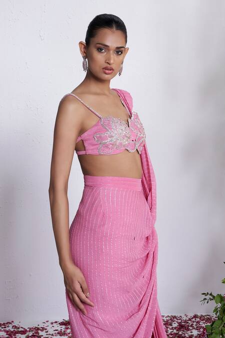 Amrta By Guneet Kondal_Pink Georgette, Shantoon, Viscose Sequins, Adda Work Pre-draped Saree And Corset _Online_at_Aza_Fashions