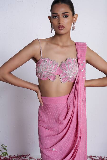 Buy_Amrta By Guneet Kondal_Pink Georgette, Shantoon, Viscose Sequins, Adda Work Pre-draped Saree And Corset _Online_at_Aza_Fashions