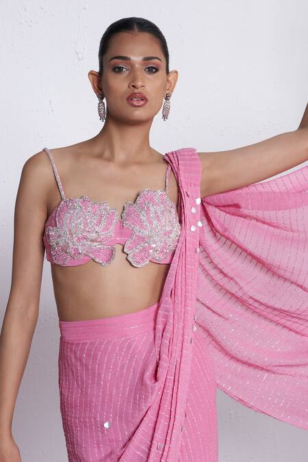 Shop_Amrta By Guneet Kondal_Pink Georgette, Shantoon, Viscose Sequins, Adda Work Pre-draped Saree And Corset _Online_at_Aza_Fashions