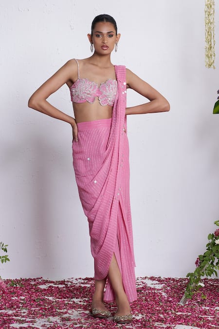 Amrta By Guneet Kondal Pink Georgette, Shantoon, Viscose Sequins, Adda Work Pre-draped Saree And Corset 