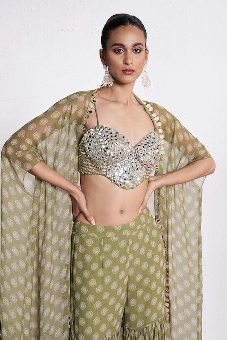 Buy Amrta By Guneet Kondal Green Georgette, Shantoon Mirrors Open Neck, Sweetheart Work Cape And Pant Set Online at Aza Fashions Buy_Amrta By Guneet Kondal_Green Georgette, Shantoon Mirrors Open Neck, Sweetheart Work Cape And Pant Set _Online_at_Aza_Fashions