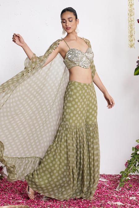 Shop Amrta By Guneet Kondal Green Georgette, Shantoon Mirrors Open Neck, Sweetheart Work Cape And Pant Set Online at Aza Fashions Shop_Amrta By Guneet Kondal_Green Georgette, Shantoon Mirrors Open Neck, Sweetheart Work Cape And Pant Set _Online_at_Aza_Fashions