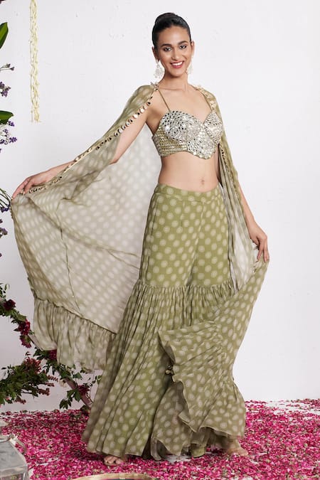 Amrta By Guneet Kondal Green Georgette, Shantoon Mirrors Open Neck, Sweetheart Work Cape And Pant Set at Aza Fashions Amrta By Guneet Kondal_Green Georgette, Shantoon Mirrors Open Neck, Sweetheart Work Cape And Pant Set _at_Aza_Fashions