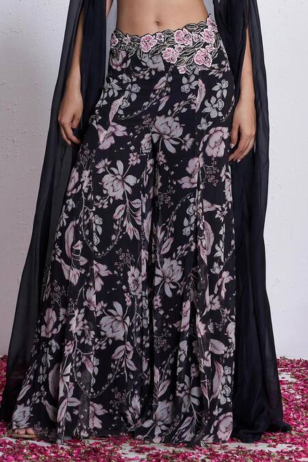 Amrta By Guneet Kondal_Black Georgette, Silk Embroidery Open Neck, Sweetheart Cape And Flared Pant Set _Online_at_Aza_Fashions
