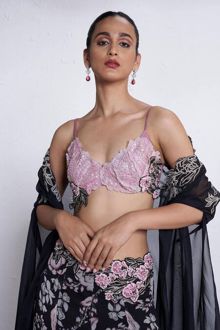 Buy_Amrta By Guneet Kondal_Black Georgette, Silk Embroidery Open Neck, Sweetheart Cape And Flared Pant Set _Online_at_Aza_Fashions