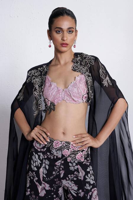 Shop_Amrta By Guneet Kondal_Black Georgette, Silk Embroidery Open Neck, Sweetheart Cape And Flared Pant Set _Online_at_Aza_Fashions