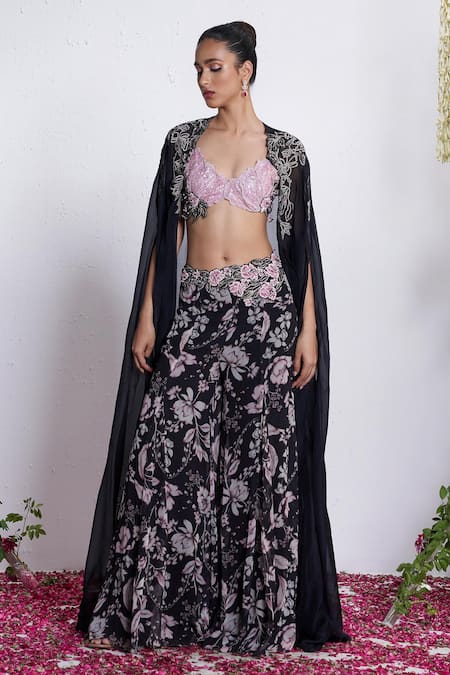 Amrta By Guneet Kondal Black Georgette, Silk Embroidery Open Neck, Sweetheart Cape And Flared Pant Set