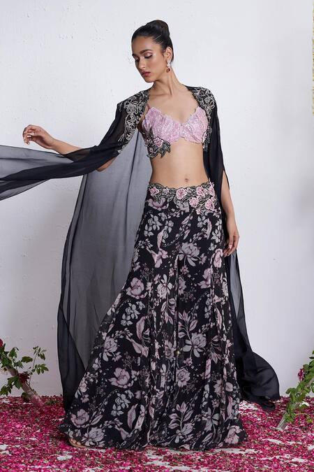 Amrta By Guneet Kondal_Black Georgette, Silk Embroidery Open Neck, Sweetheart Cape And Flared Pant Set _at_Aza_Fashions