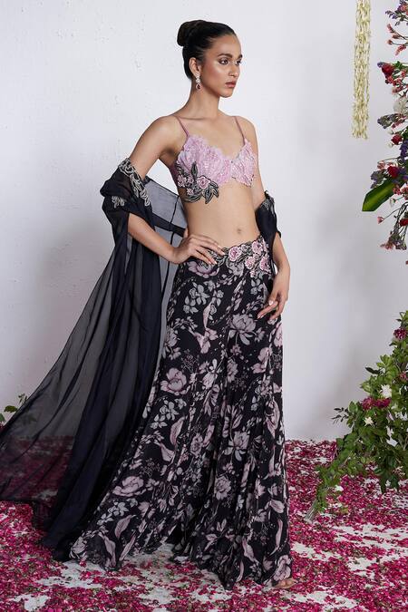 Buy_Amrta By Guneet Kondal_Black Georgette, Silk Embroidery Open Neck, Sweetheart Cape And Flared Pant Set 