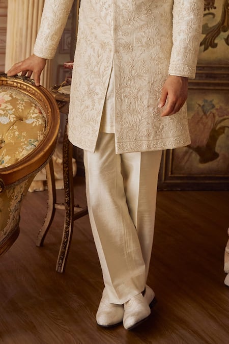 Seema Gujral_Ivory Silk Embroidery, Pearls, Sequins Sherwani Set _Online_at_Aza_Fashions