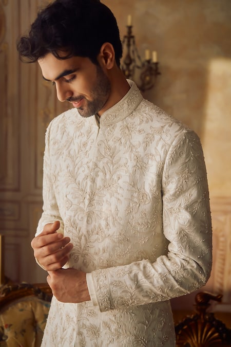 Buy_Seema Gujral_Ivory Silk Embroidery, Pearls, Sequins Sherwani Set _Online_at_Aza_Fashions