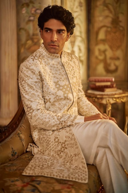 Seema Gujral Ivory Gold Embroidered Sherwani Set 