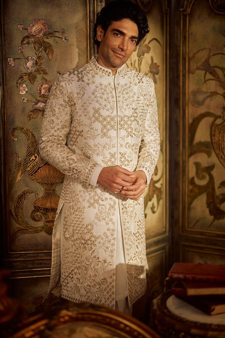 Buy_Seema Gujral_Ivory Silk Embroidery, Pearls Gold Sherwani Set _Online_at_Aza_Fashions