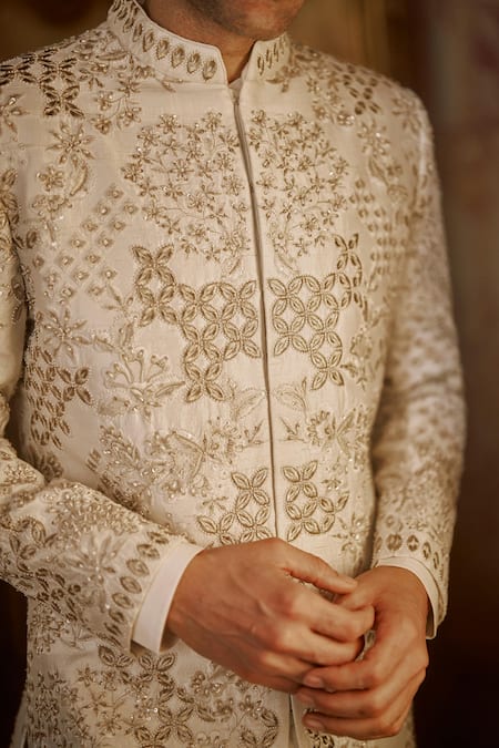 Shop_Seema Gujral_Ivory Silk Embroidery, Pearls Gold Sherwani Set _Online_at_Aza_Fashions