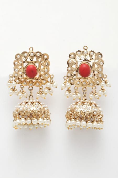 Shop_Dugran By Dugristyle_Gold Plated Embellished Jhumki Earrings _at_Aza_Fashions