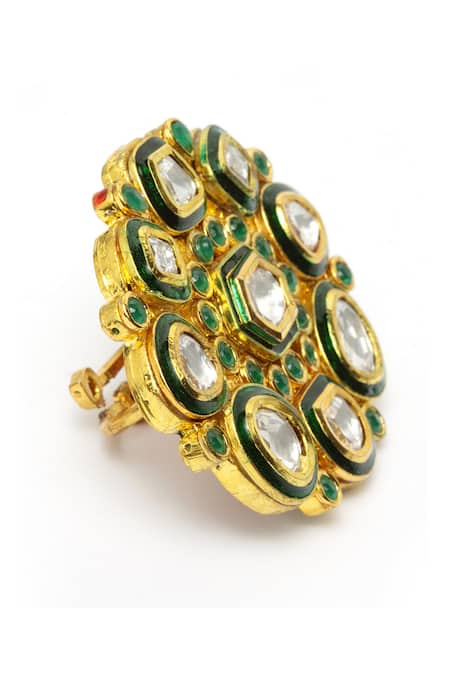 Shop_Dugran By Dugristyle_Green Kundan Gold-plated Ring _at_Aza_Fashions