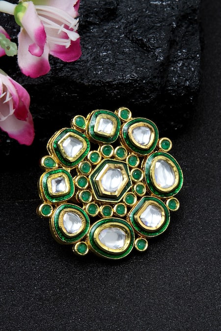 Dugran By Dugristyle Green Kundan Gold-plated Ring 