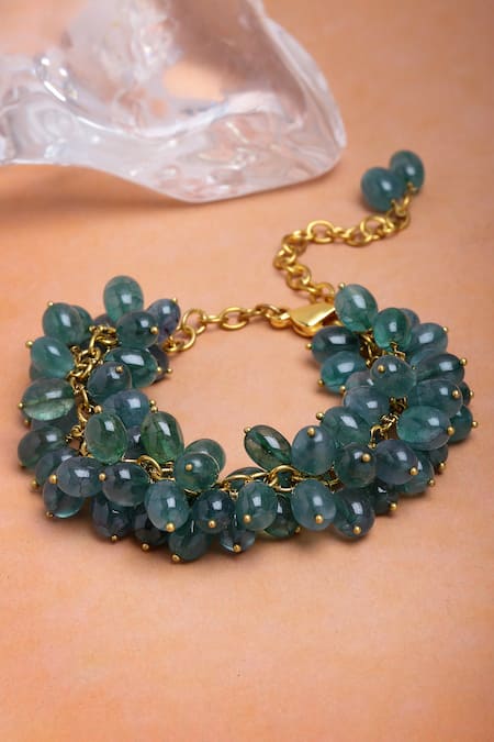Shop Dugran By Dugristyle Green Beads Gold-plated Fern Bracelet at Aza Fashions Shop_Dugran By Dugristyle_Green Beads Gold-plated Fern Bracelet _at_Aza_Fashions