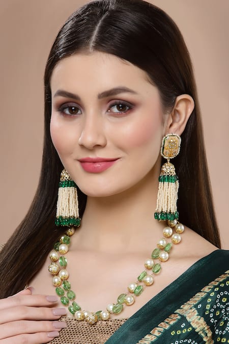 Shop Dugran By Dugristyle Multi Color Beads, Pearls Gold-plated Opal Jhumka Earrings at Aza Fashions Shop_Dugran By Dugristyle_Multi Color Beads, Pearls Gold-plated Opal Jhumka Earrings _at_Aza_Fashions