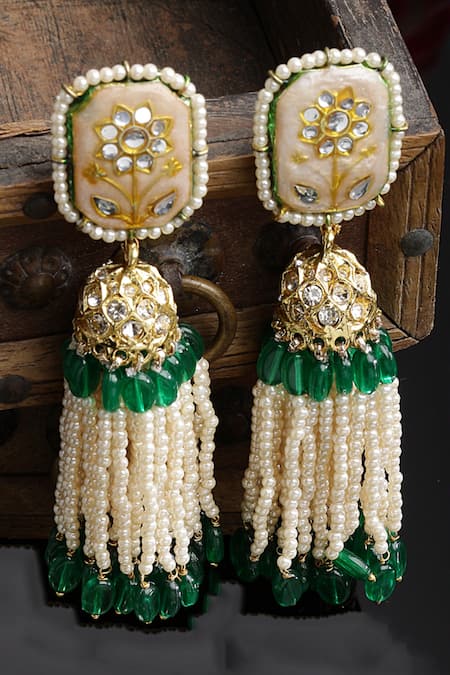 Dugran By Dugristyle Multi Color Beads, Pearls Gold-plated Opal Jhumka Earrings 