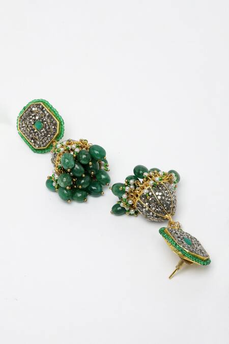 Dugran By Dugristyle Green Beads Designer Silver Silk Jhumka Earrings Online at Aza Fashions Dugran By Dugristyle_Green Beads Designer Silver Silk Jhumka Earrings _Online_at_Aza_Fashions