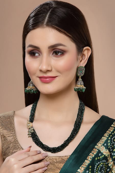 Shop Dugran By Dugristyle Green Beads Designer Silver Silk Jhumka Earrings at Aza Fashions Shop_Dugran By Dugristyle_Green Beads Designer Silver Silk Jhumka Earrings _at_Aza_Fashions