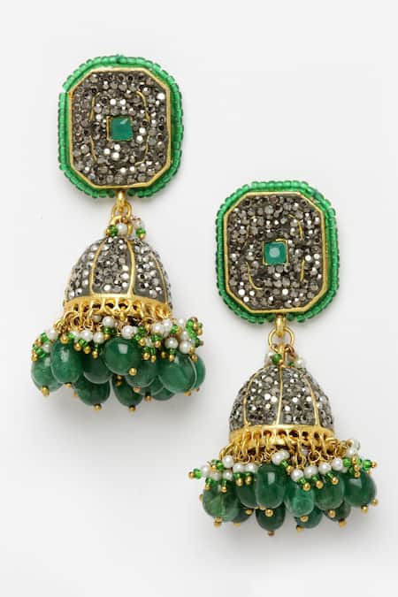 Buy Dugran By Dugristyle Green Beads Designer Silver Silk Jhumka Earrings Online at Aza Fashions Buy_Dugran By Dugristyle_Green Beads Designer Silver Silk Jhumka Earrings _Online_at_Aza_Fashions
