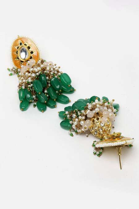 Dugran By Dugristyle Orange Pearls, Gemstones Gold-plated Coral Jhumka Earrings Online at Aza Fashions Dugran By Dugristyle_Orange Pearls, Gemstones Gold-plated Coral Jhumka Earrings _Online_at_Aza_Fashions