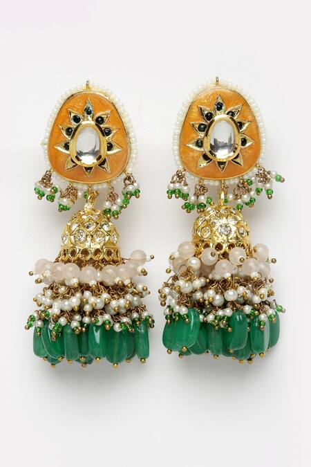 Buy Dugran By Dugristyle Orange Pearls, Gemstones Gold-plated Coral Jhumka Earrings Online at Aza Fashions Buy_Dugran By Dugristyle_Orange Pearls, Gemstones Gold-plated Coral Jhumka Earrings _Online_at_Aza_Fashions