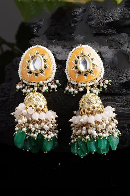 Dugran By Dugristyle Orange Pearls, Gemstones Gold-plated Coral Jhumka Earrings 
