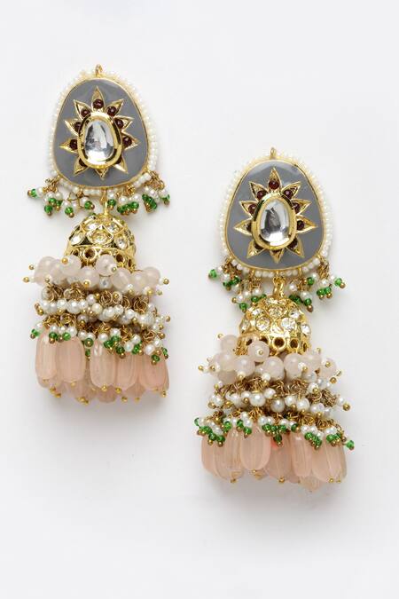 Dugran By Dugristyle_Pink Beads, Pearls Peaches Jhumka Earrings _Online_at_Aza_Fashions