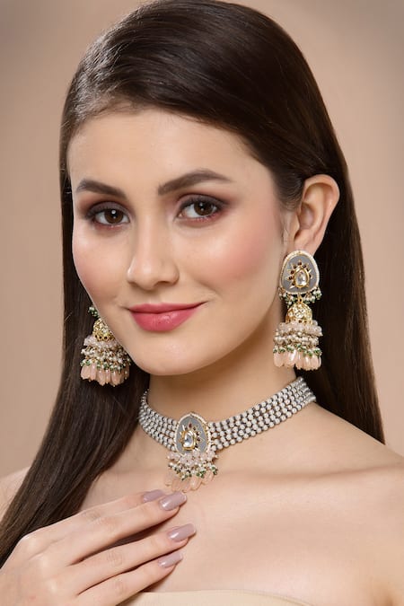 Shop_Dugran By Dugristyle_Pink Beads, Pearls Peaches Jhumka Earrings _at_Aza_Fashions