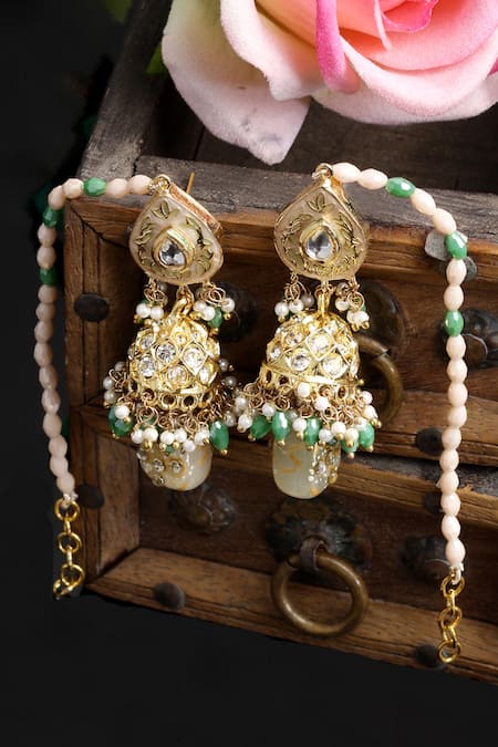 Shop Dugran By Dugristyle Gold Plated Beads Sona Ghanti Jhumka Earrings at Aza Fashions Shop_Dugran By Dugristyle_Gold Plated Beads Sona Ghanti Jhumka Earrings _at_Aza_Fashions