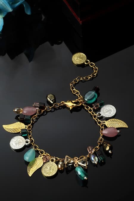 Shop Dugran By Dugristyle Green Chains, Beads Chartreuse Gold-plated Bracelet at Aza Fashions Shop_Dugran By Dugristyle_Green Chains, Beads Chartreuse Gold-plated Bracelet _at_Aza_Fashions