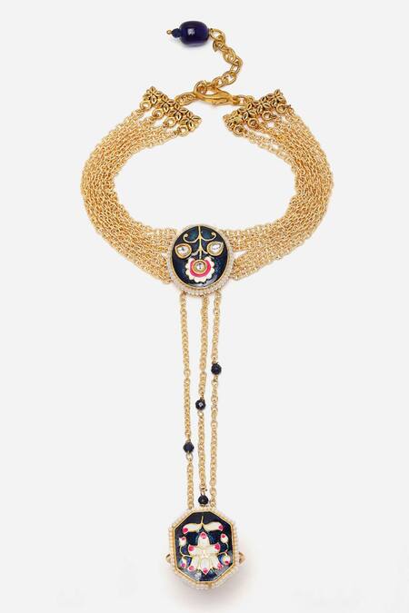 Dugran By Dugristyle Multi Color Imitation Gemstones Neel Bagh Gold-plated Hathphool Online at Aza Fashions Dugran By Dugristyle_Multi Color Imitation Gemstones Neel Bagh Gold-plated Hathphool _Online_at_Aza_Fashions