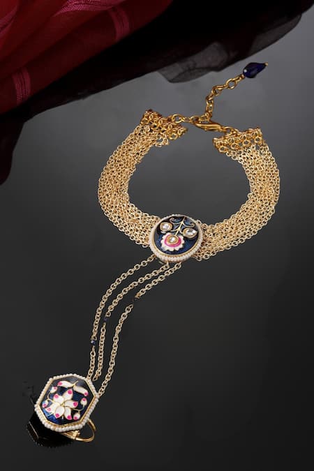 Shop Dugran By Dugristyle Multi Color Imitation Gemstones Neel Bagh Gold-plated Hathphool at Aza Fashions Shop_Dugran By Dugristyle_Multi Color Imitation Gemstones Neel Bagh Gold-plated Hathphool _at_Aza_Fashions