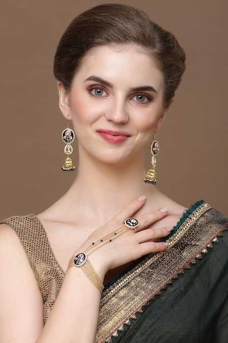 Dugran By Dugristyle Multi Color Gemstones Neel Bagh Gold-plated Hathphool 