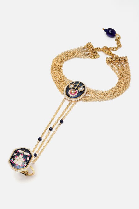 Buy Dugran By Dugristyle Multi Color Imitation Gemstones Neel Bagh Gold-plated Hathphool Online at Aza Fashions Buy_Dugran By Dugristyle_Multi Color Imitation Gemstones Neel Bagh Gold-plated Hathphool _Online_at_Aza_Fashions