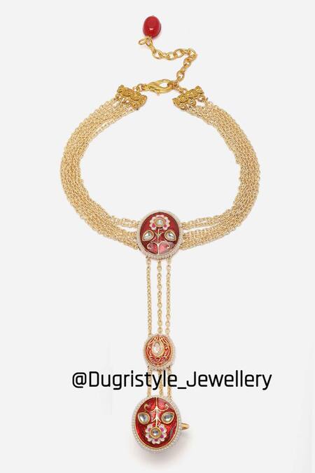 Shop Dugran By Dugristyle Red Stones Gold-plated Lava Luster Hathphool at Aza Fashions Shop_Dugran By Dugristyle_Red Stones Gold-plated Lava Luster Hathphool _at_Aza_Fashions
